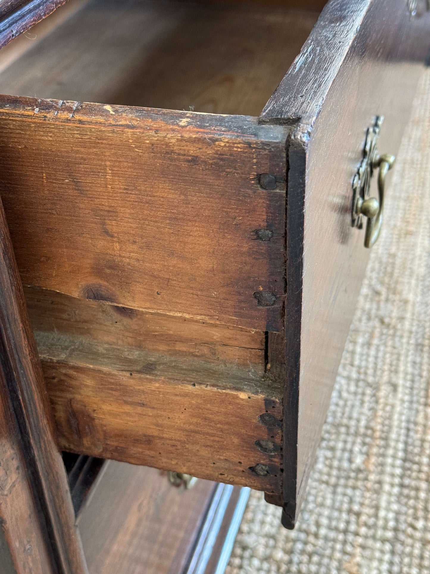 William and Mary oak chest of drawers on bun feet