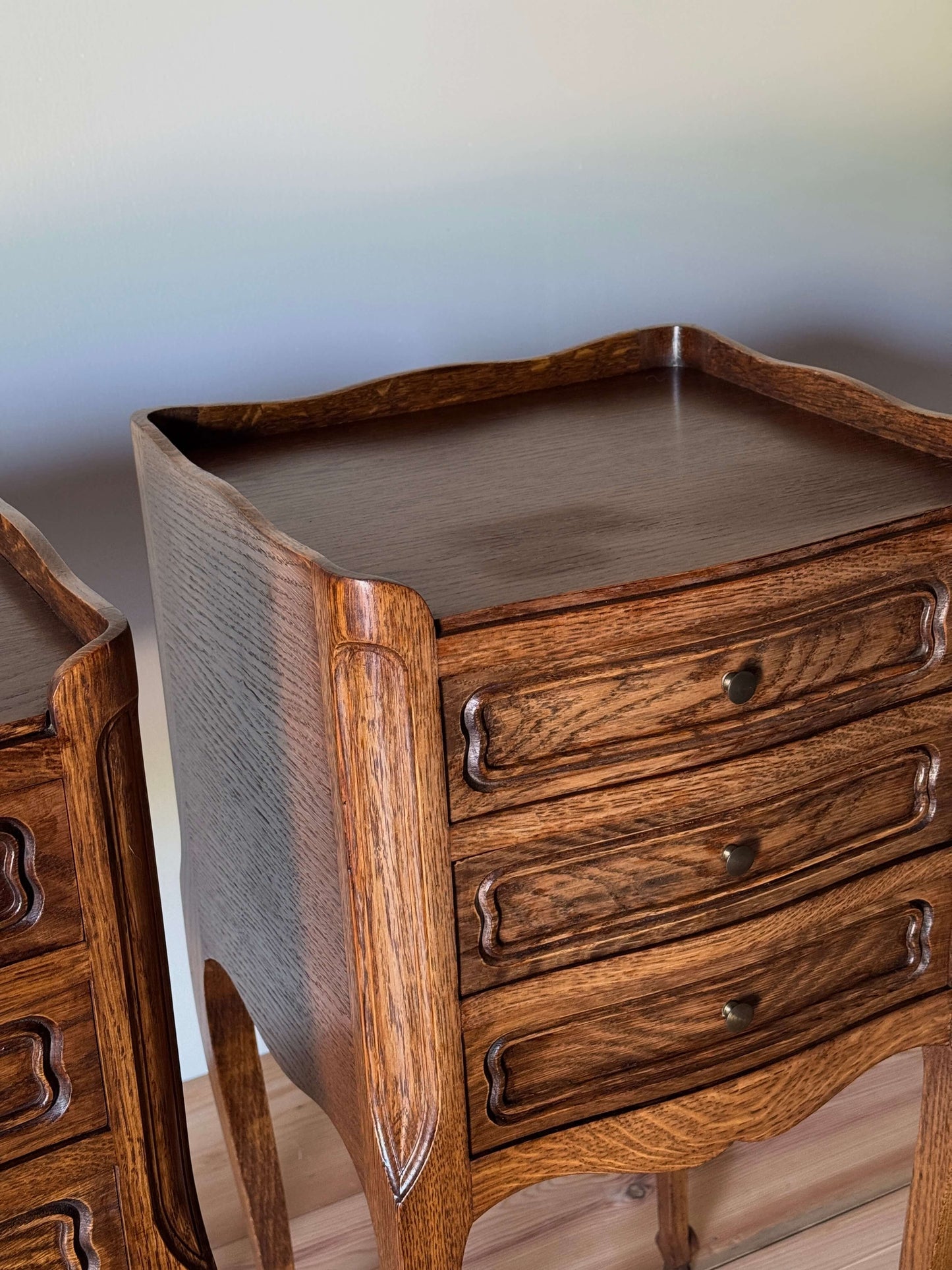 Pair of French vintage bedside tables with three drawers