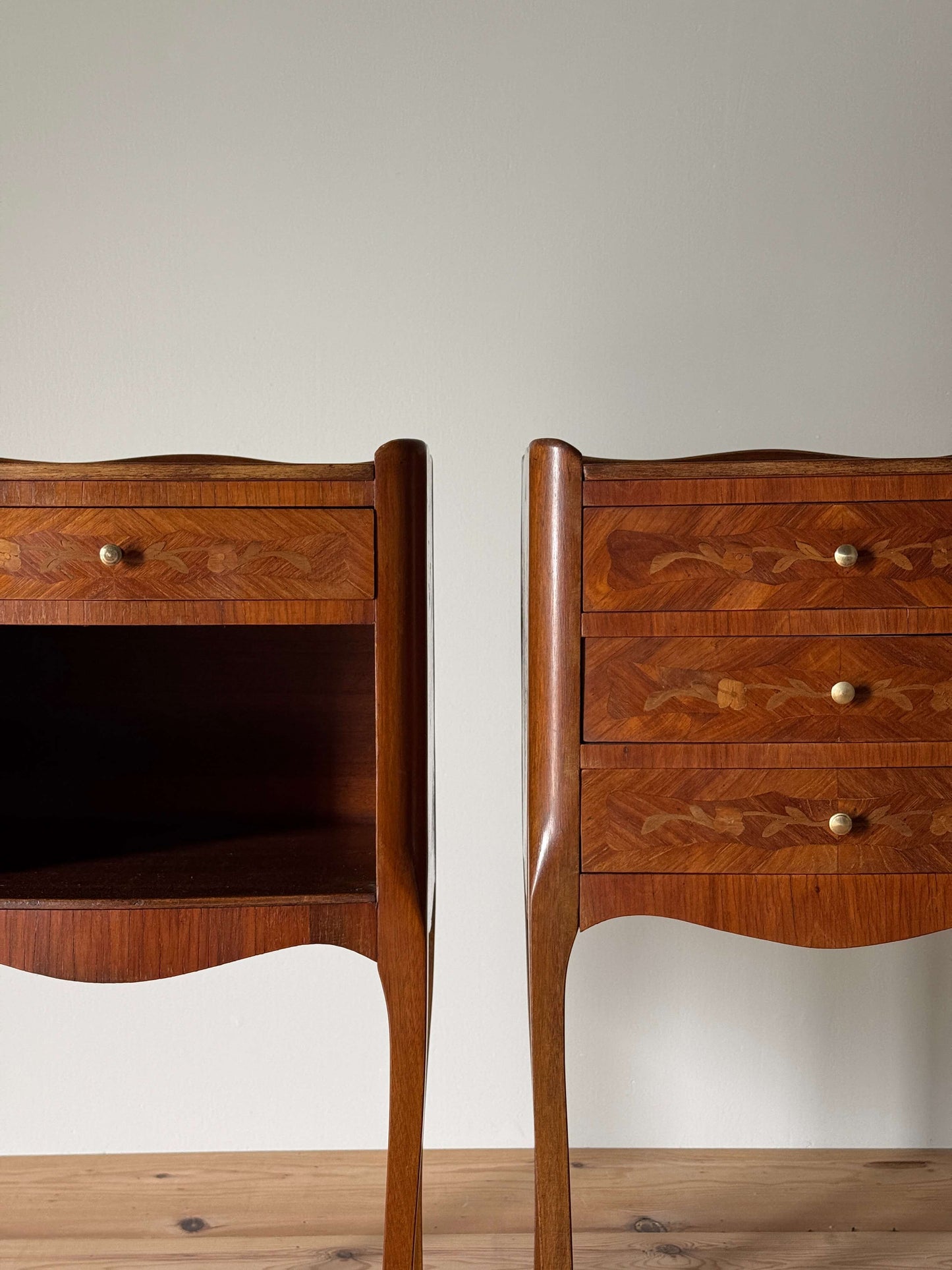 Pair of French vintage marquetry bedside tables