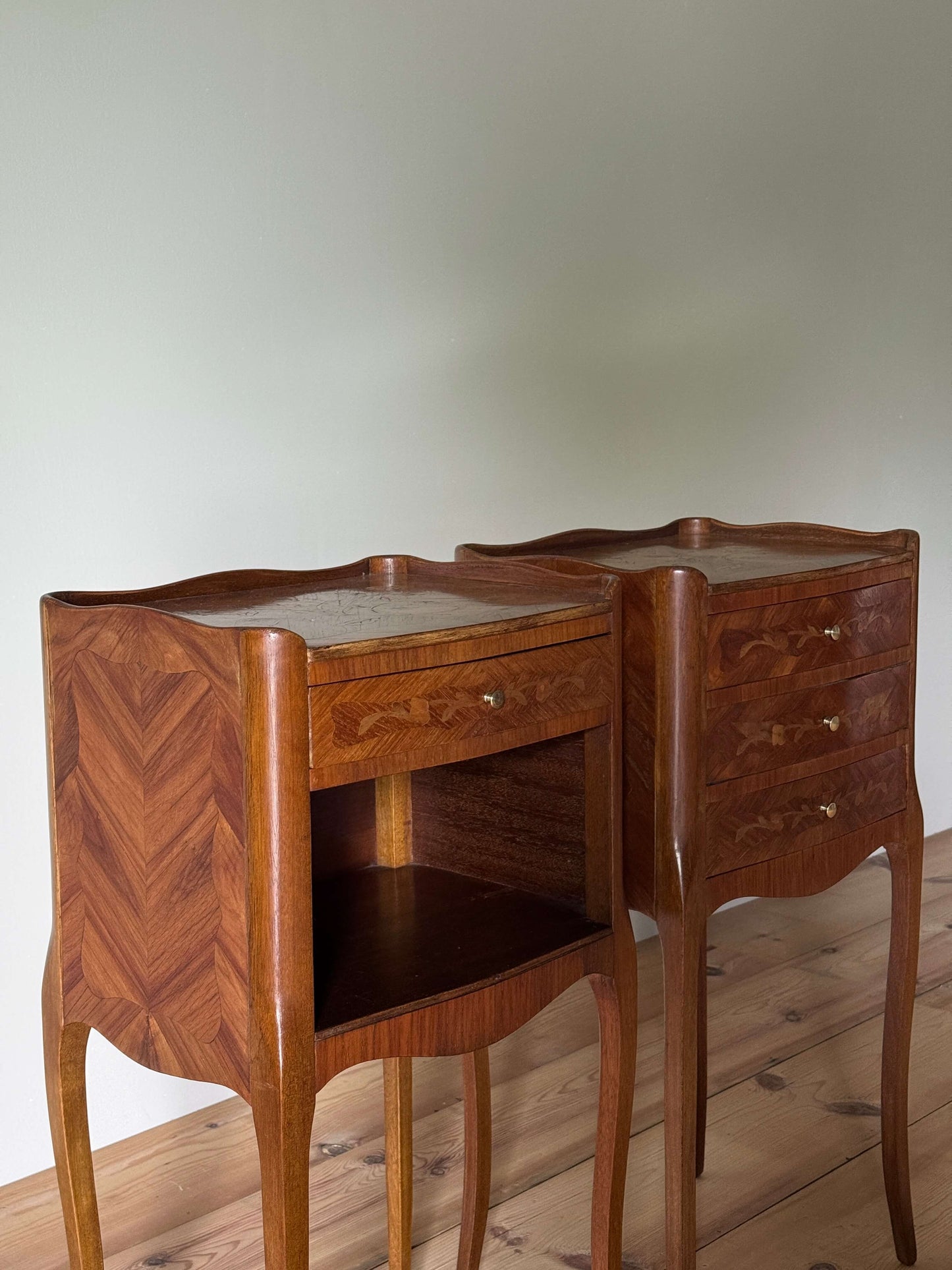 Pair of French vintage marquetry bedside tables