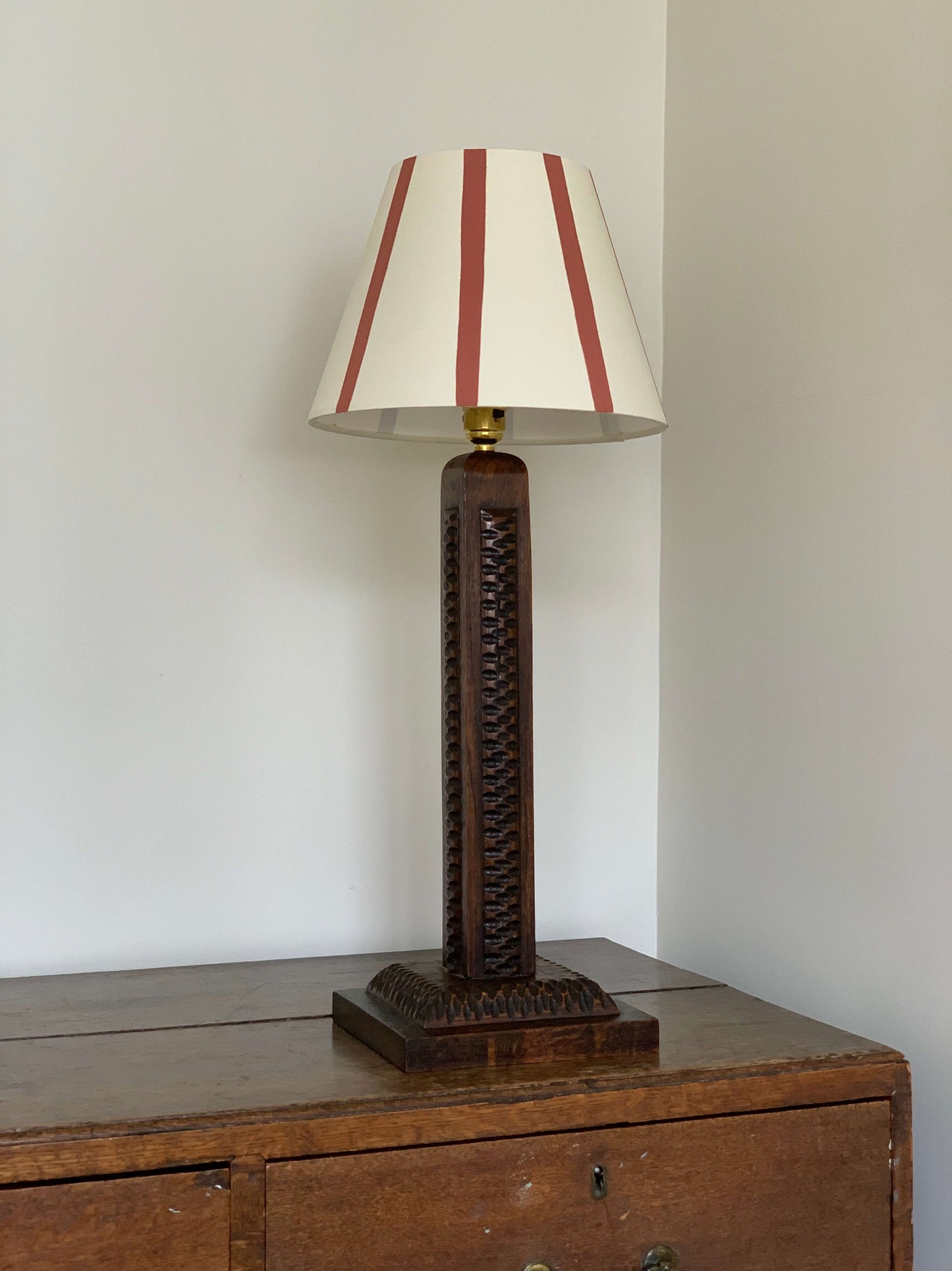 French antique oak table lamp in the manner of Charles Dudouyt