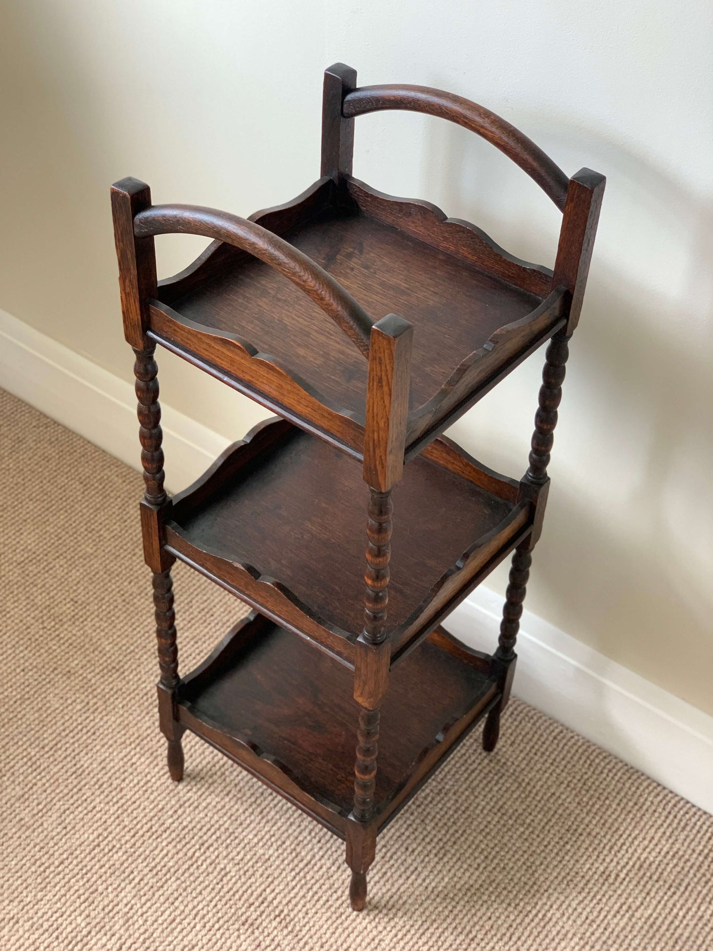 Antique bobbin three tiered shelving unit