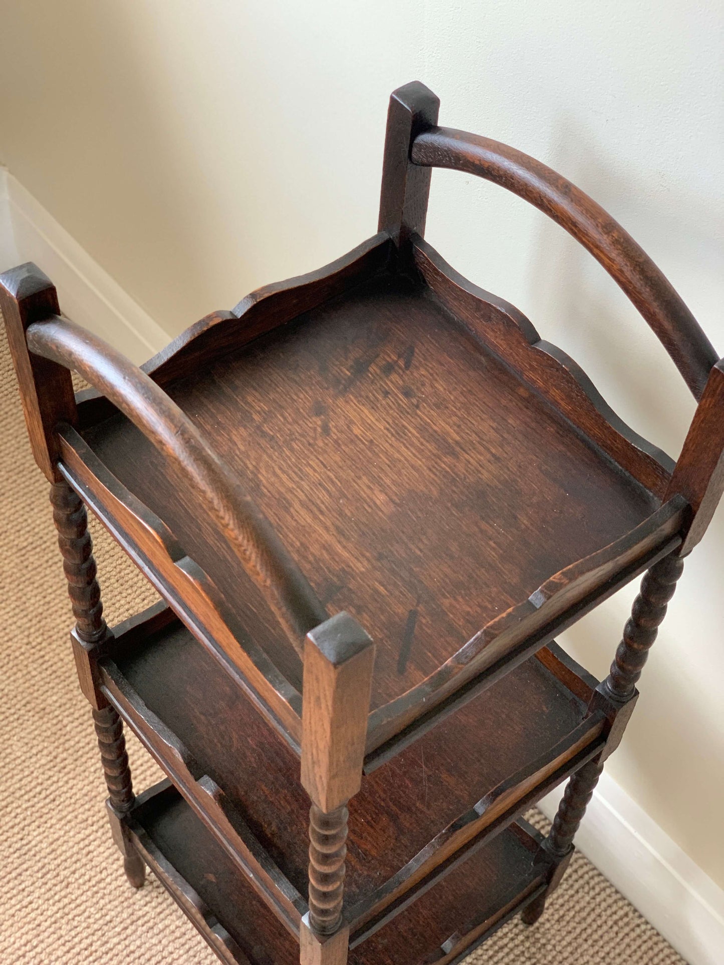 Antique bobbin three tiered shelving unit