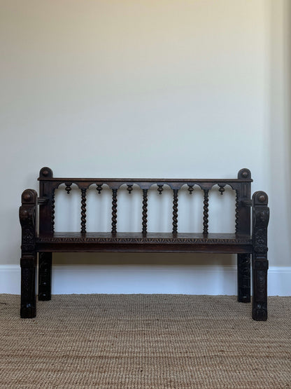 Antique Victorian barley twist oak carved bench