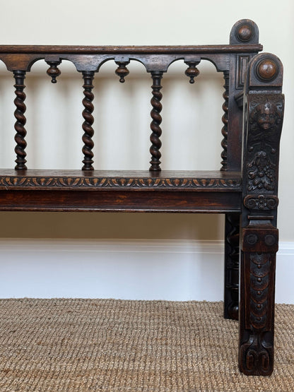 Antique Victorian barley twist oak carved bench