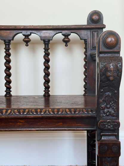 Antique Victorian barley twist oak carved bench