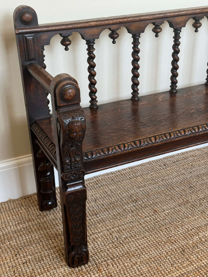 Antique Victorian barley twist oak carved bench