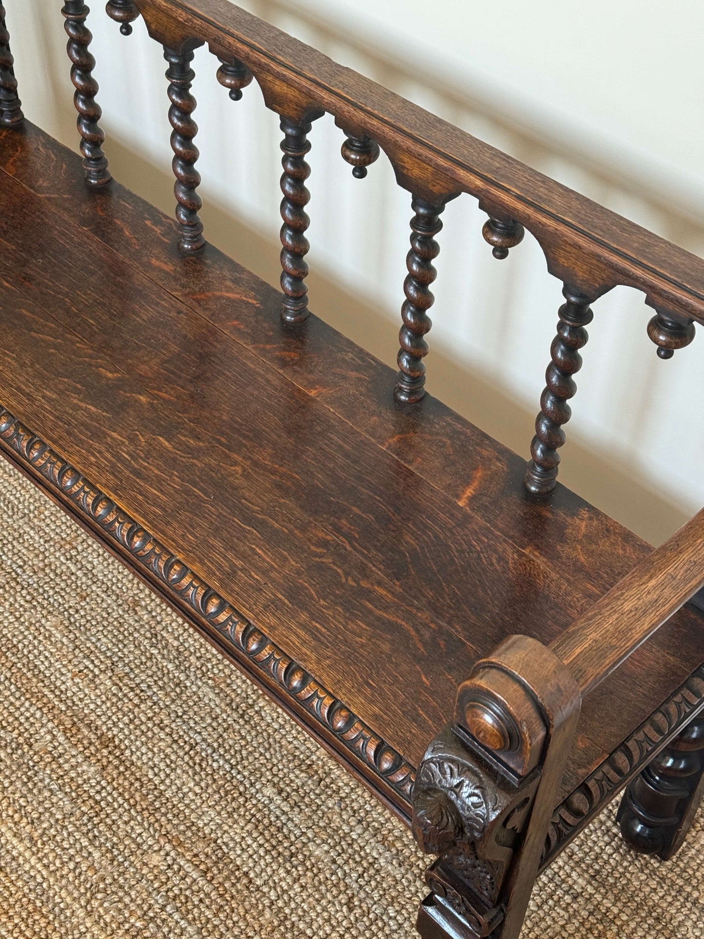 Antique Victorian barley twist oak carved bench