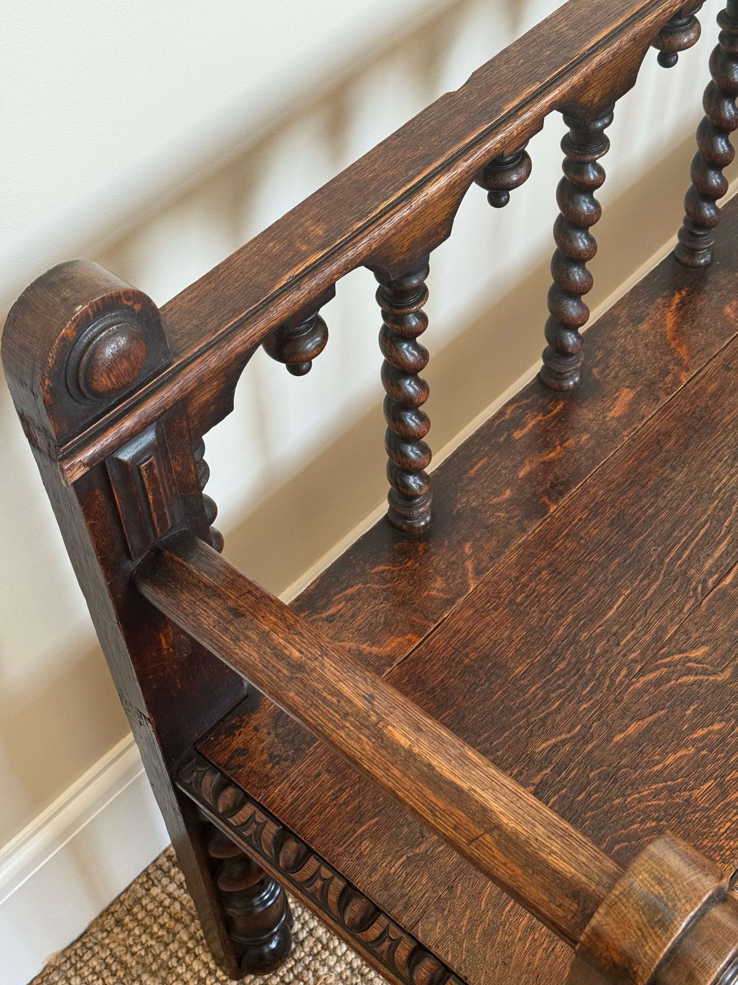 Antique Victorian barley twist oak carved bench