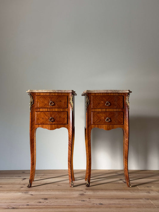 Pair of French vintage bedside tables with marble tops