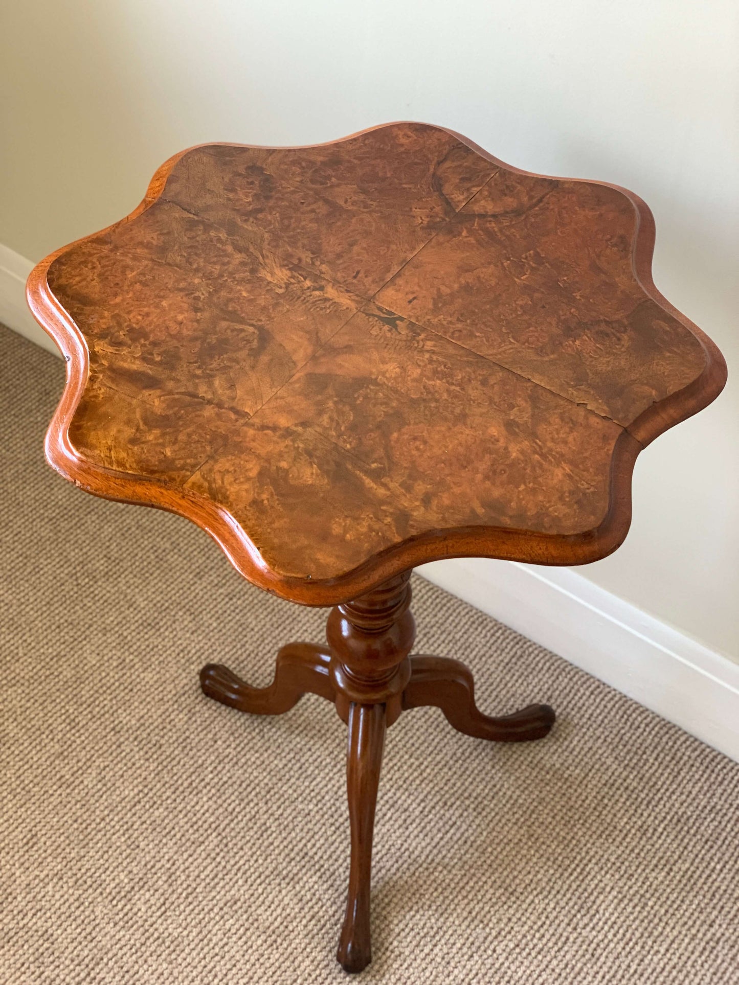 Early Victorian walnut table with scalloped top