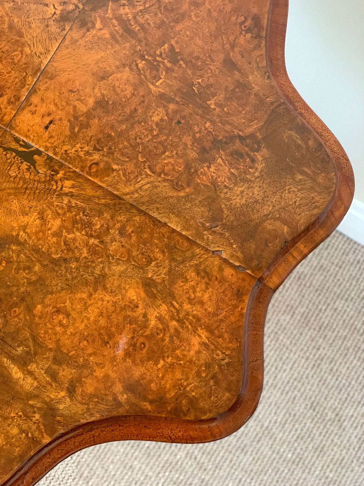 Early Victorian walnut table with scalloped top