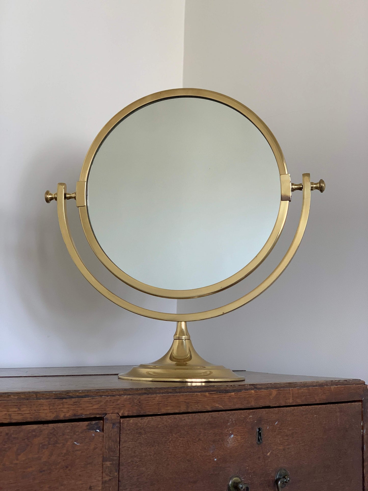 Antique round brass table top vanity mirror