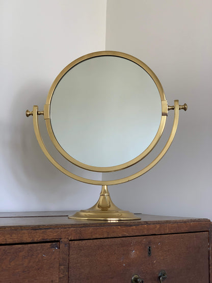 Antique round brass table top vanity mirror