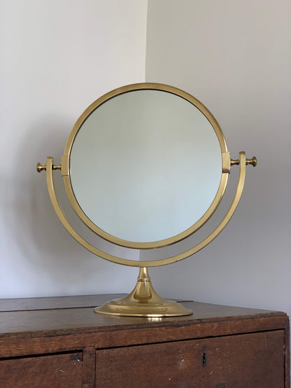 Antique round brass table top vanity mirror