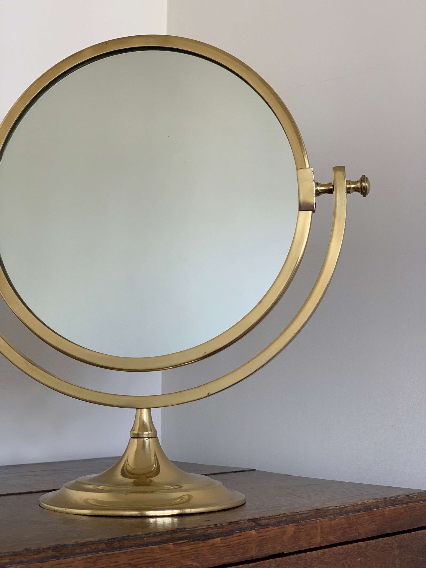 Antique round brass table top vanity mirror