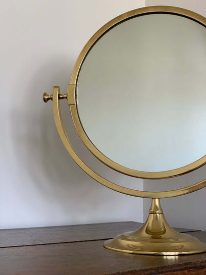 Antique round brass table top vanity mirror