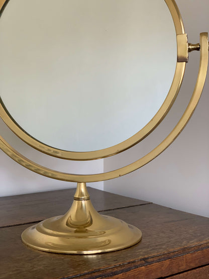 Antique round brass table top vanity mirror