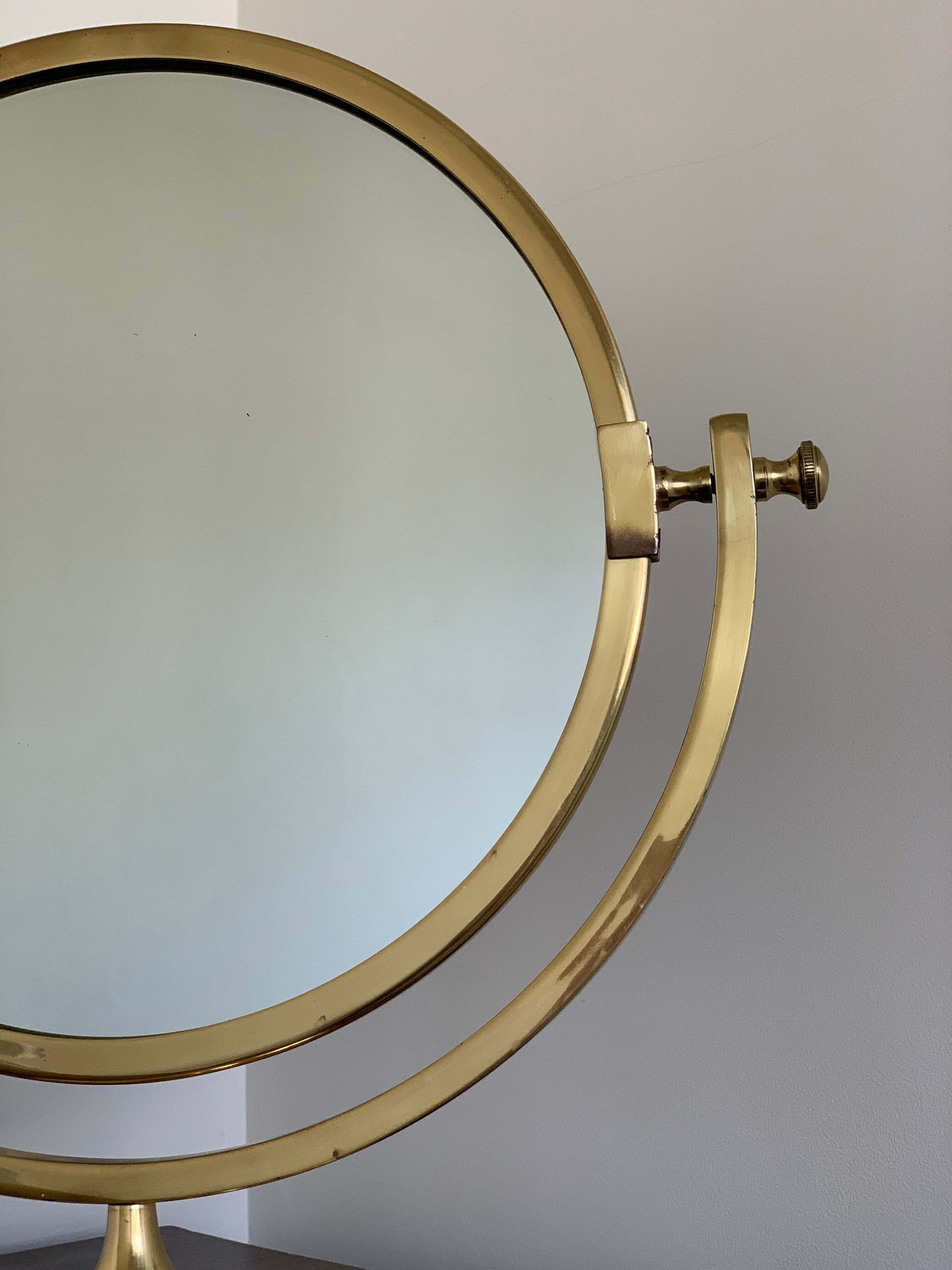 Antique round brass table top vanity mirror