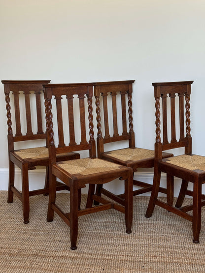 Set of four Edwardian rush barley twist dining chairs