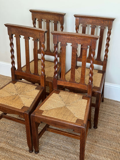 Set of four Edwardian rush barley twist dining chairs