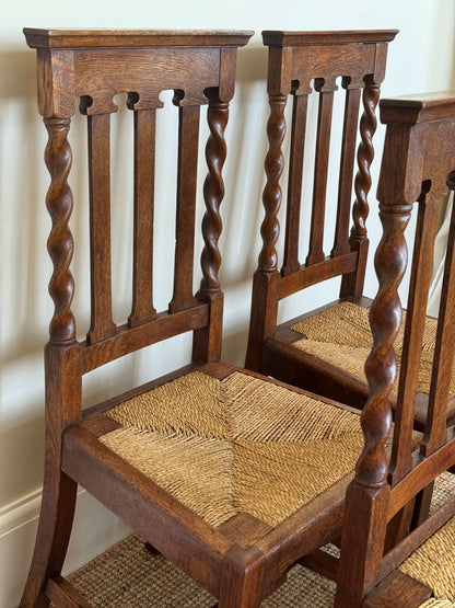 Set of four Edwardian rush barley twist dining chairs