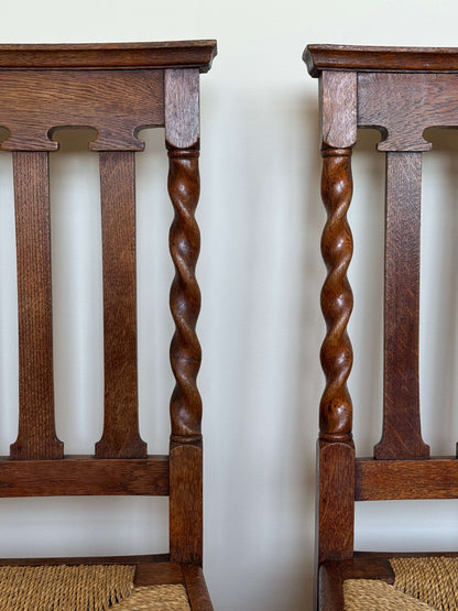 Set of four Edwardian rush barley twist dining chairs