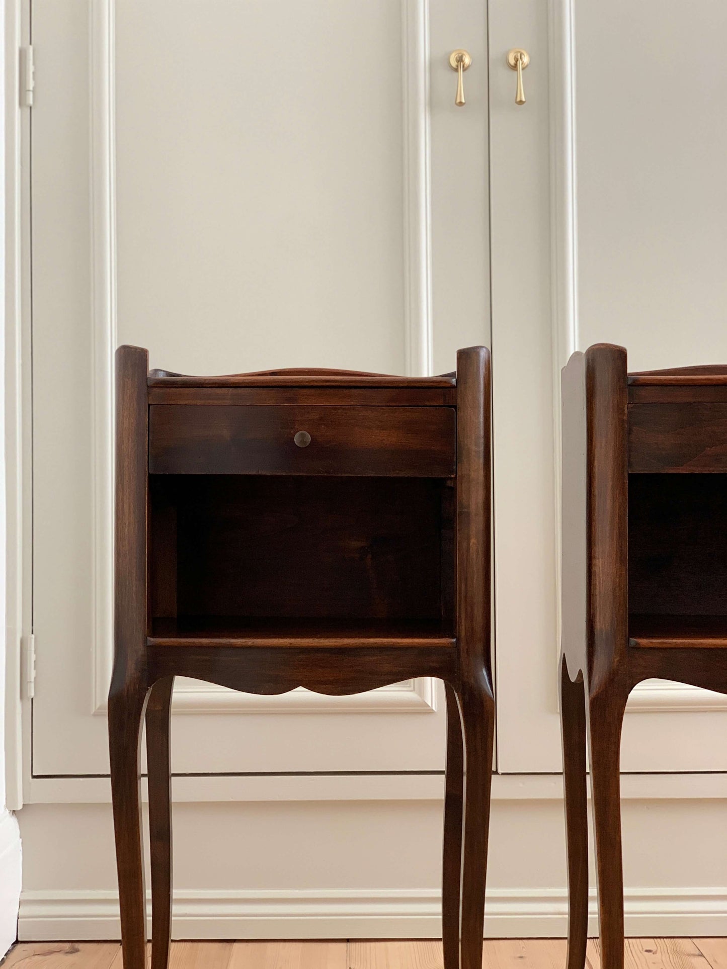 ON HOLD Pair of dark oak French vintage bedside tables