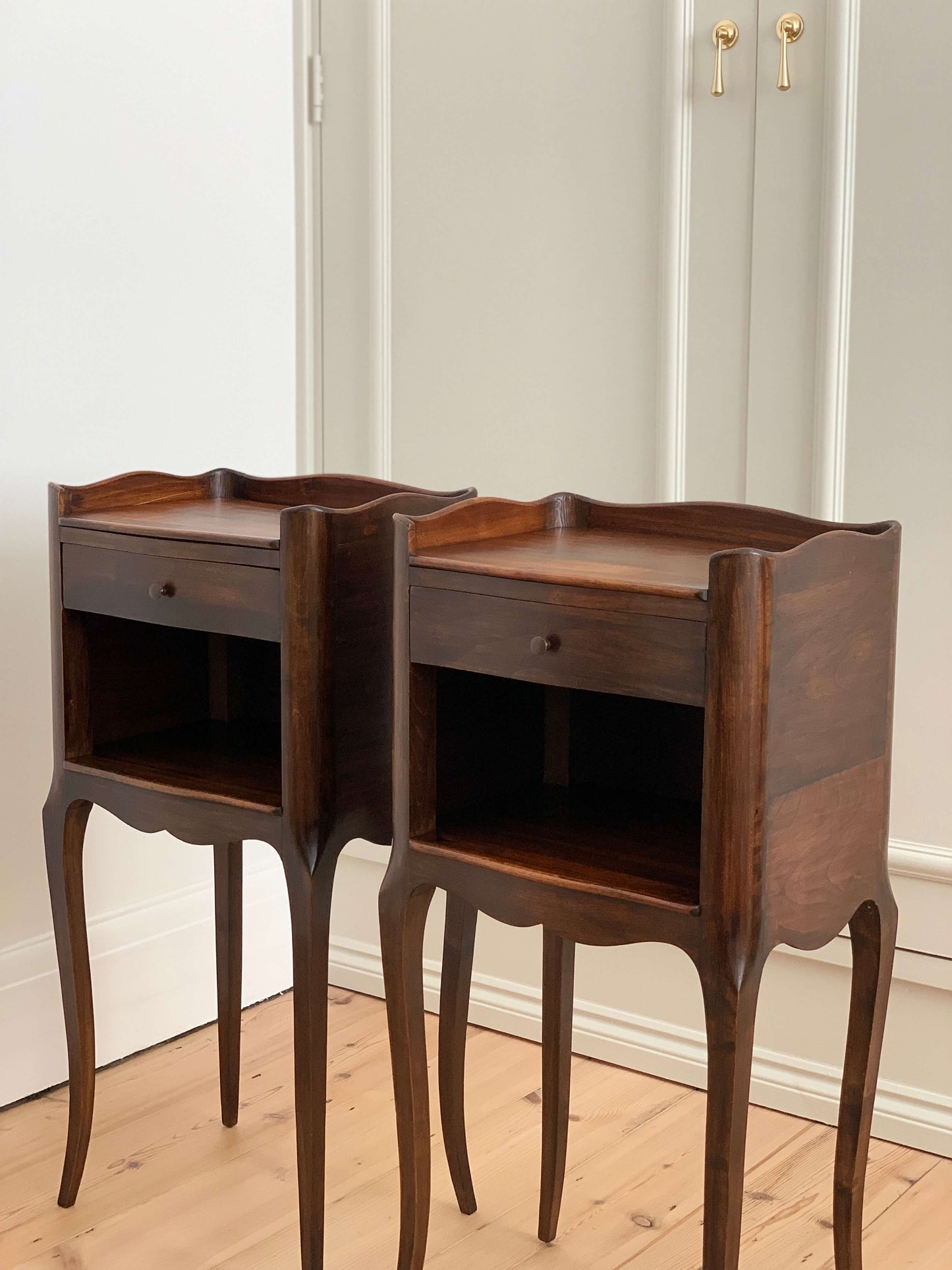 ON HOLD Pair of dark oak French vintage bedside tables