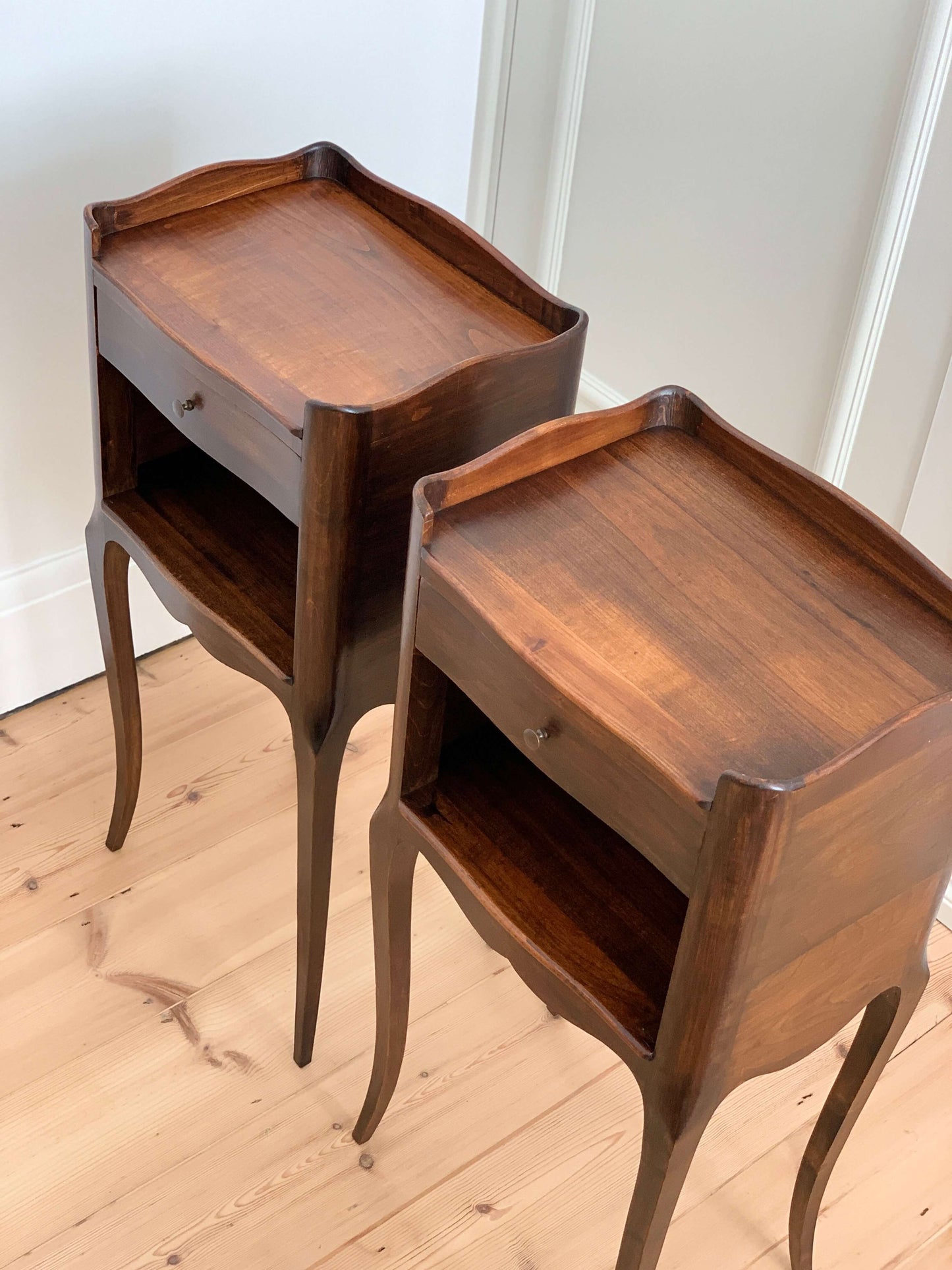 ON HOLD Pair of dark oak French vintage bedside tables