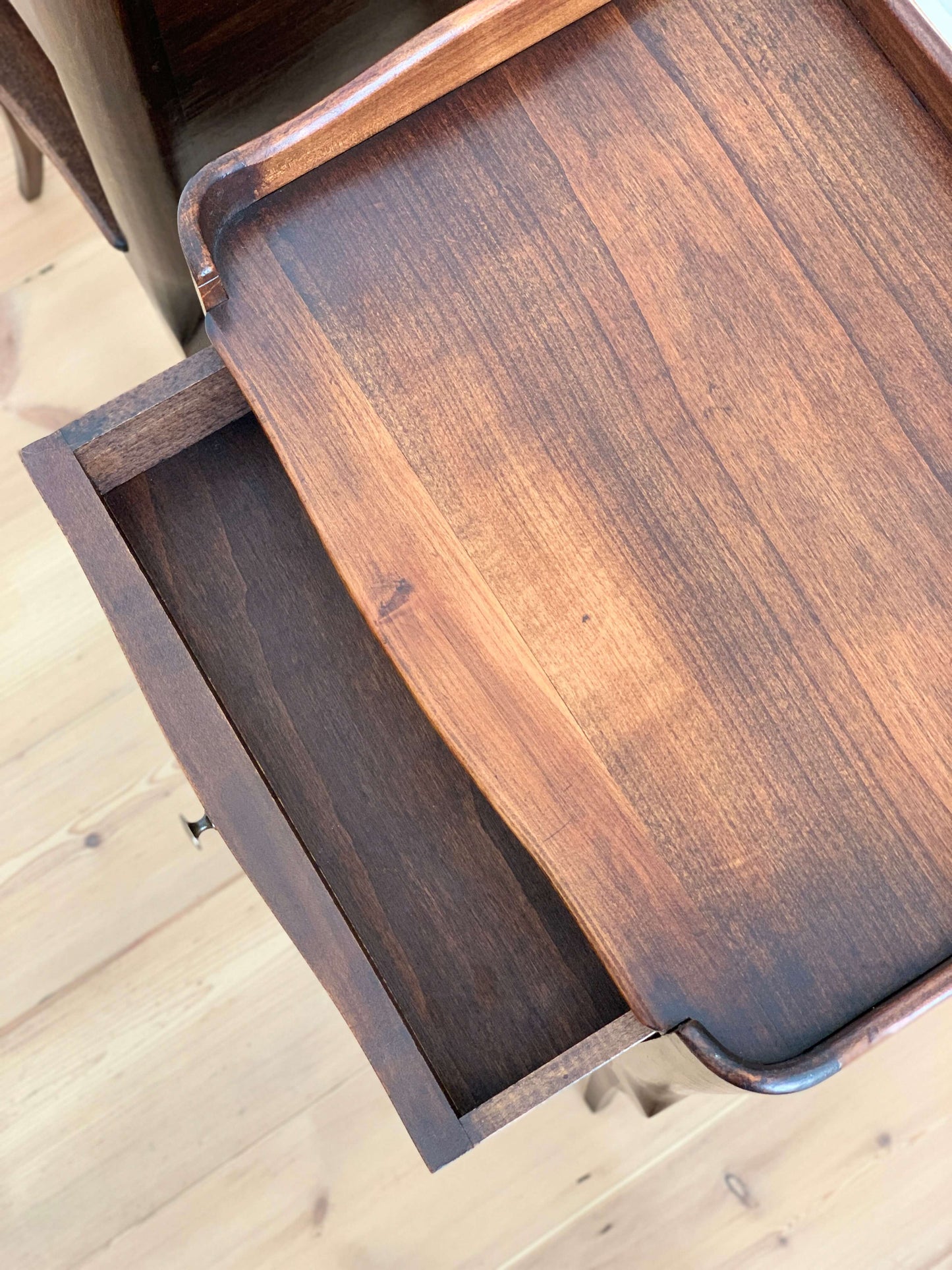 ON HOLD Pair of dark oak French vintage bedside tables