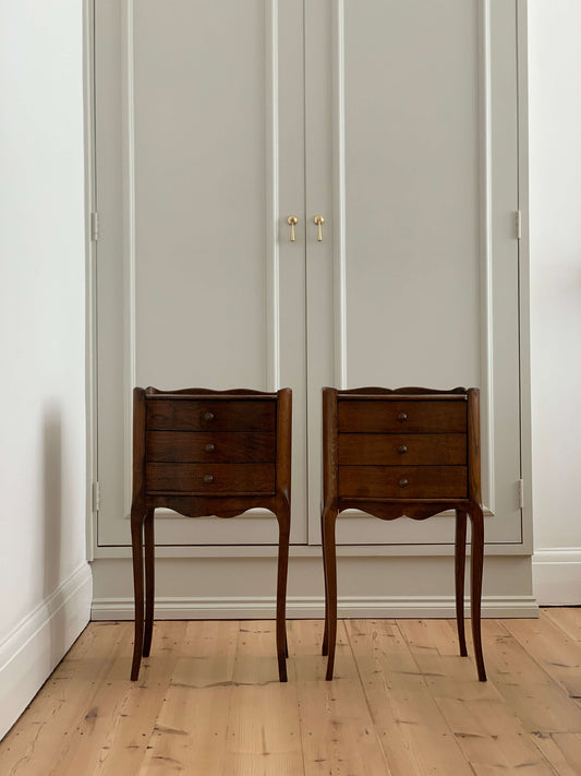 Pair of dark oak French vintage bedside tables