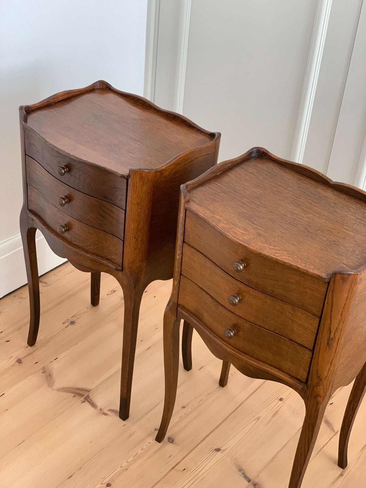 Pair of dark oak French vintage bedside tables