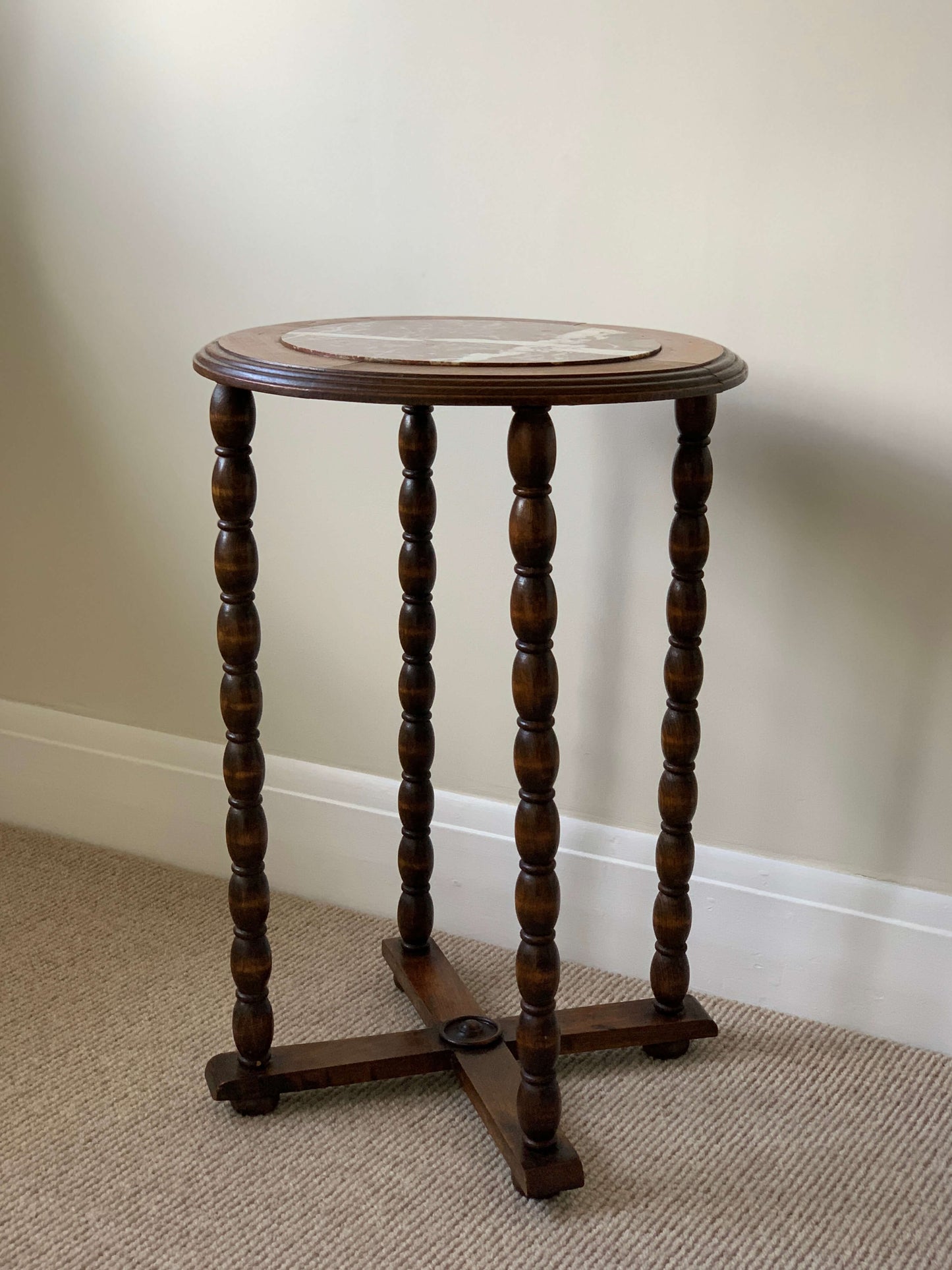 French antique circular bobbin side table with marble top