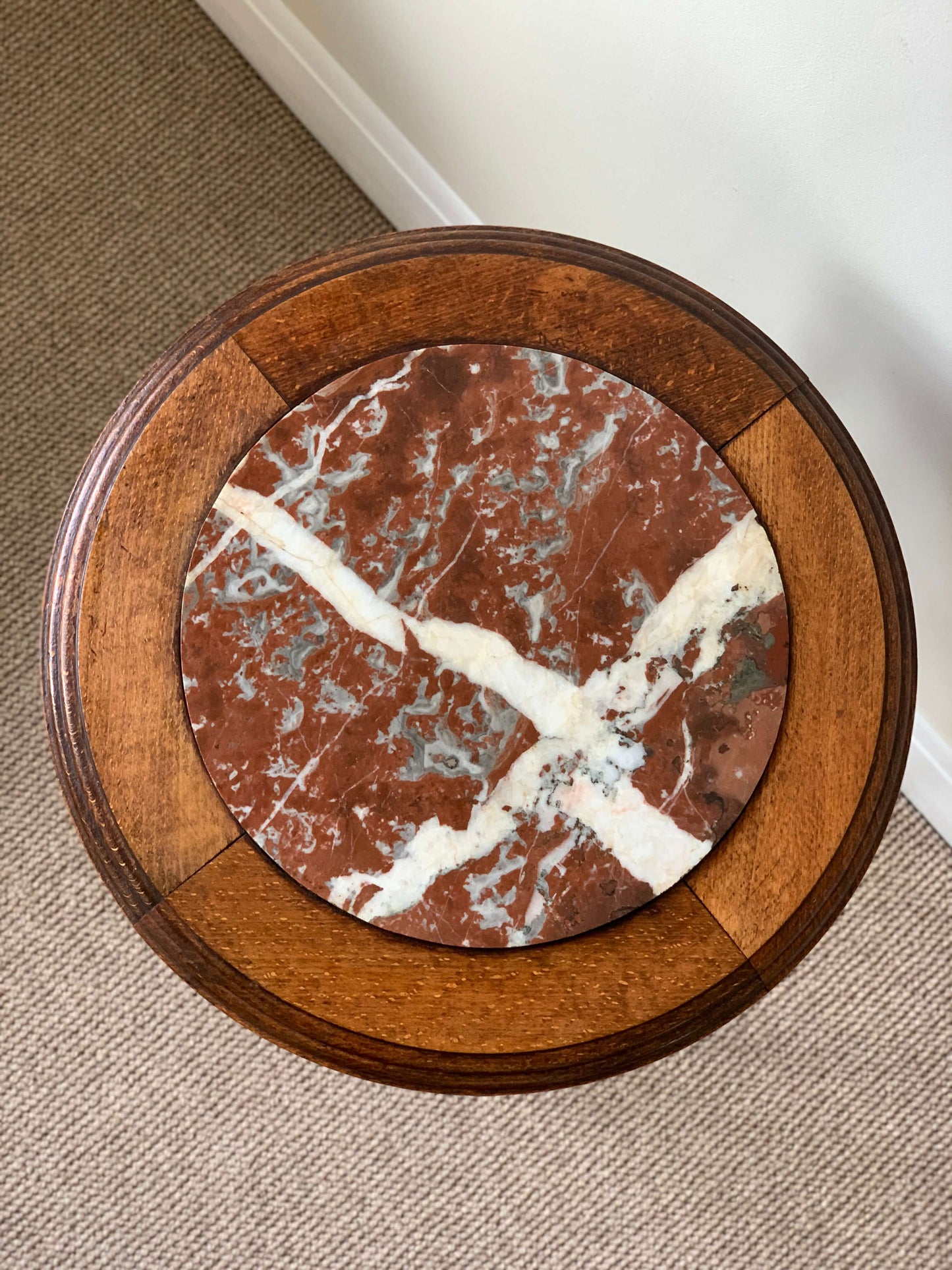 French antique circular bobbin side table with marble top