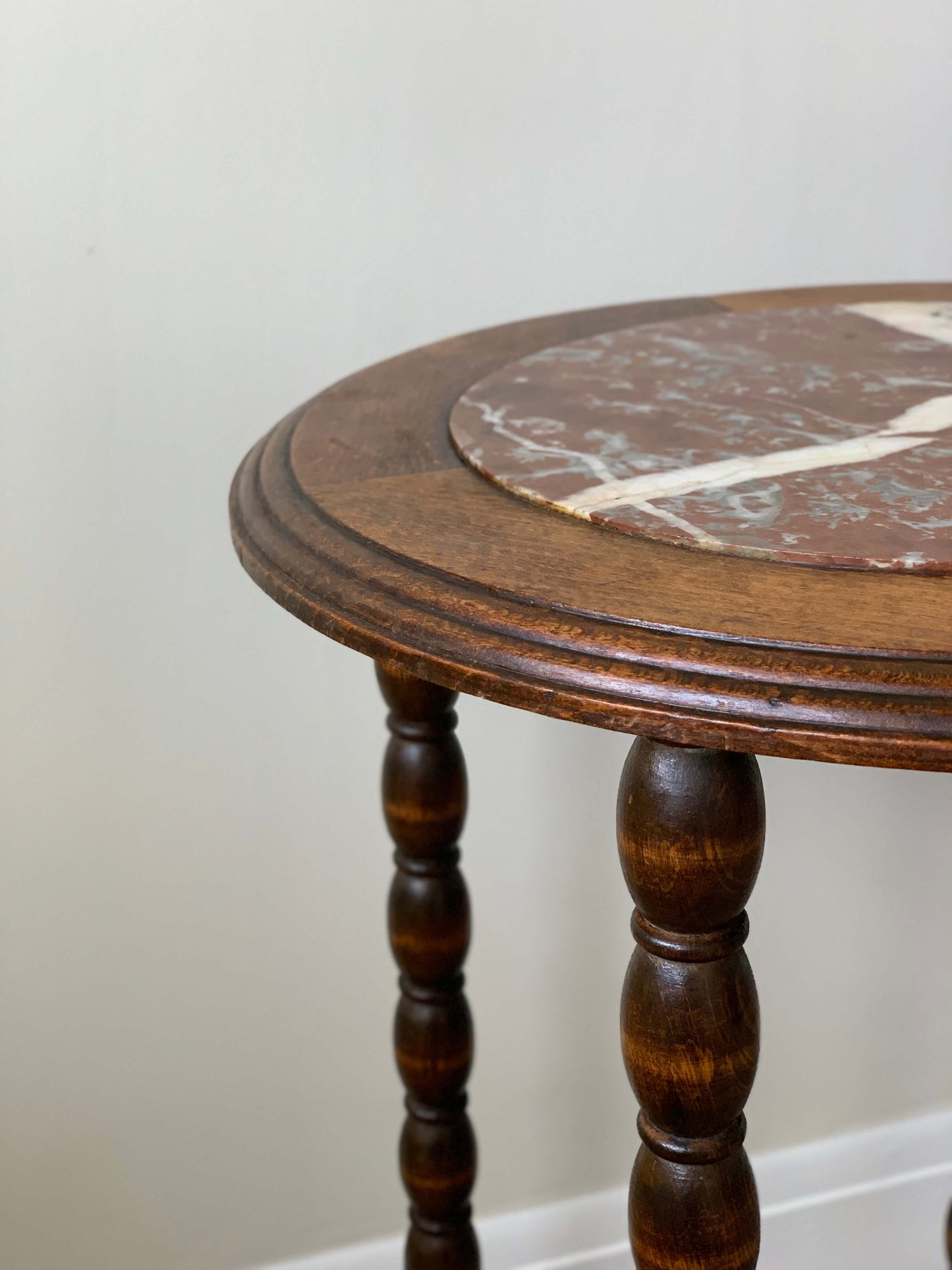 French antique circular bobbin side table with marble top