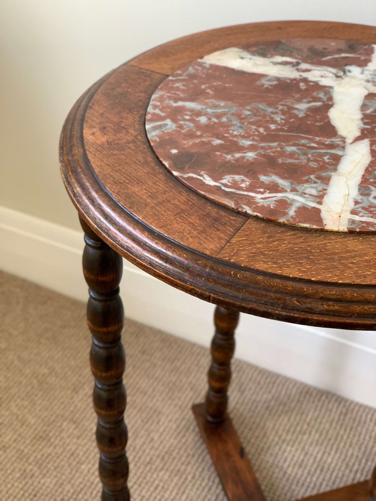 French antique circular bobbin side table with marble top