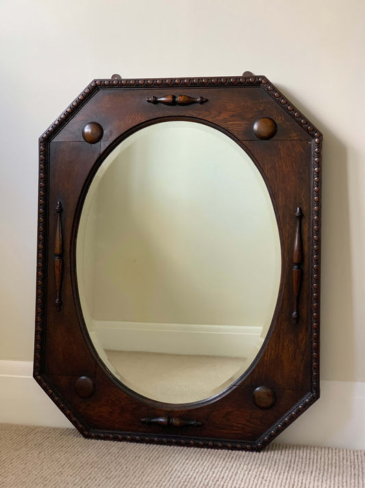 Edwardian antique octagonal bevelled mirror with beaded frame