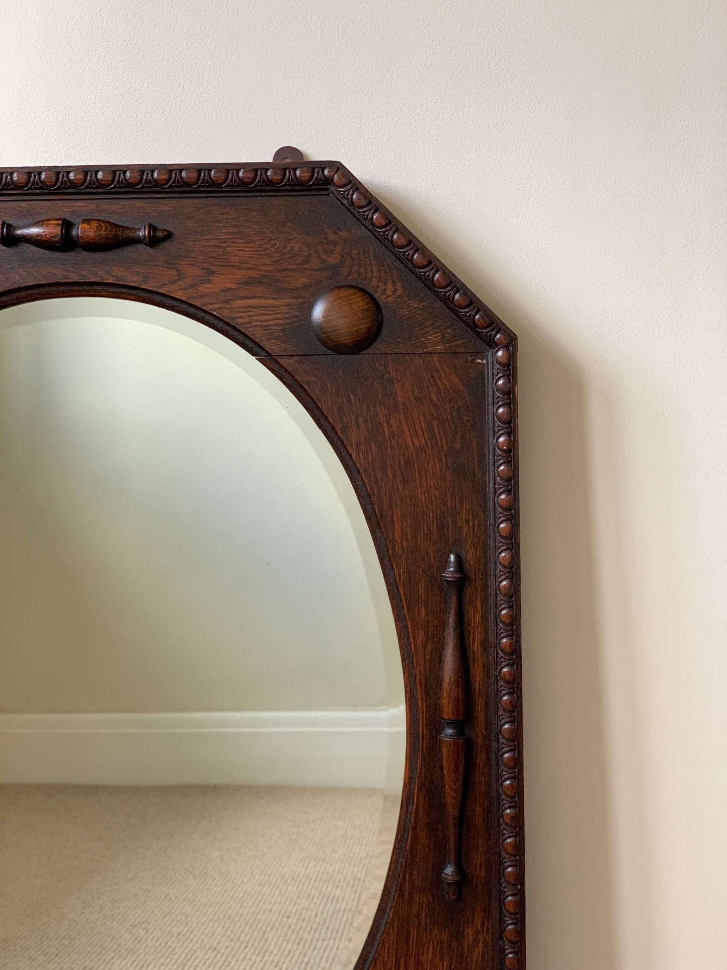 Edwardian antique octagonal bevelled mirror with beaded frame