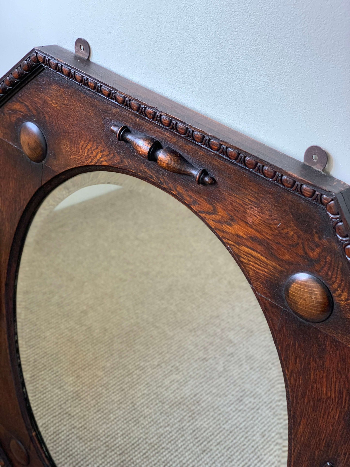 Edwardian antique octagonal bevelled mirror with beaded frame