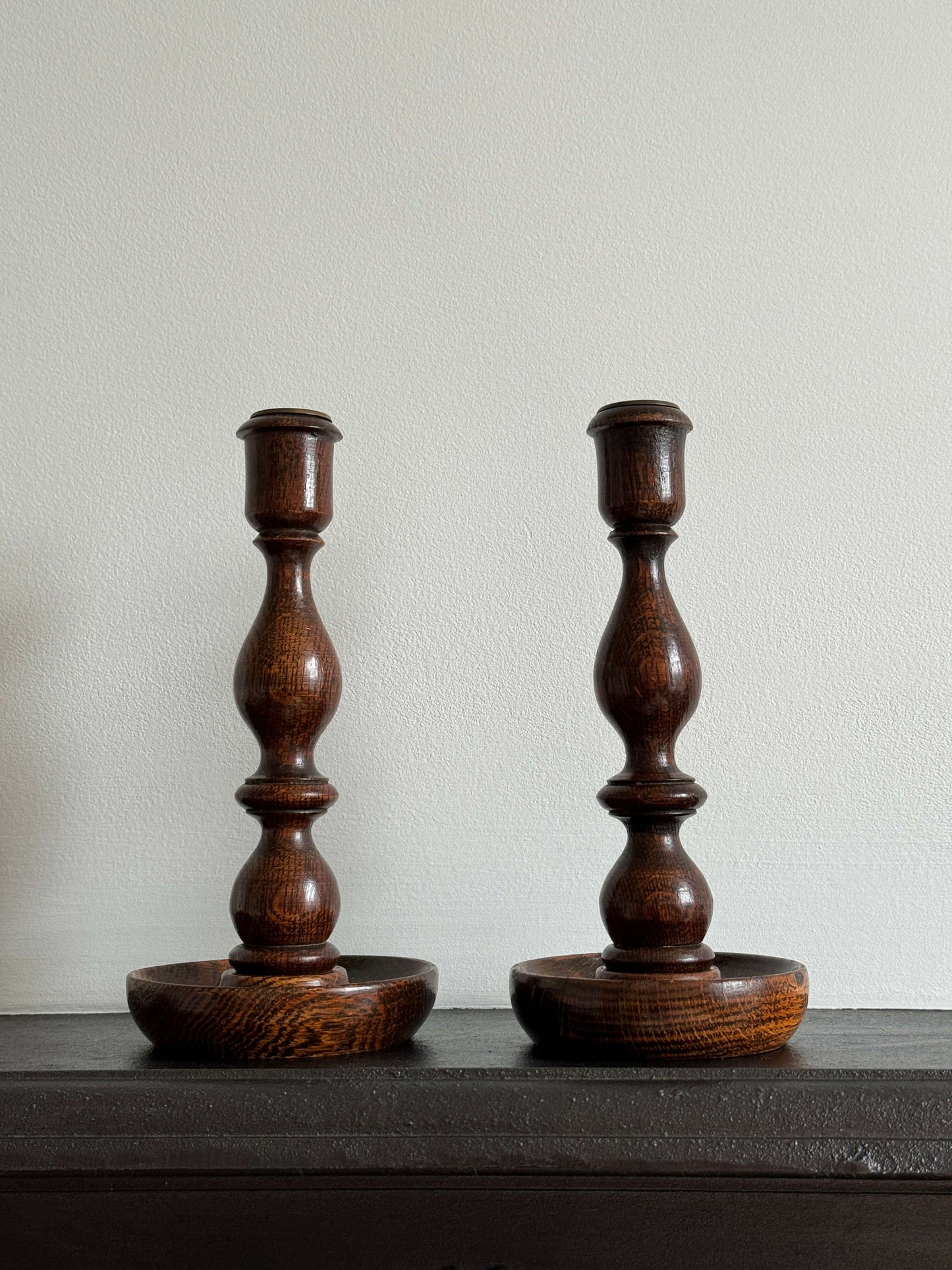 Antique oak candlestick holders