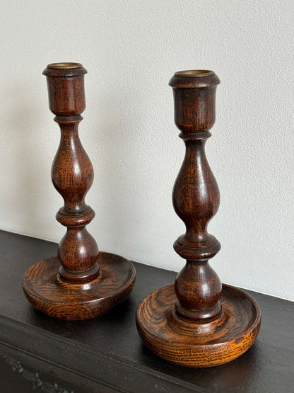 Antique oak candlestick holders