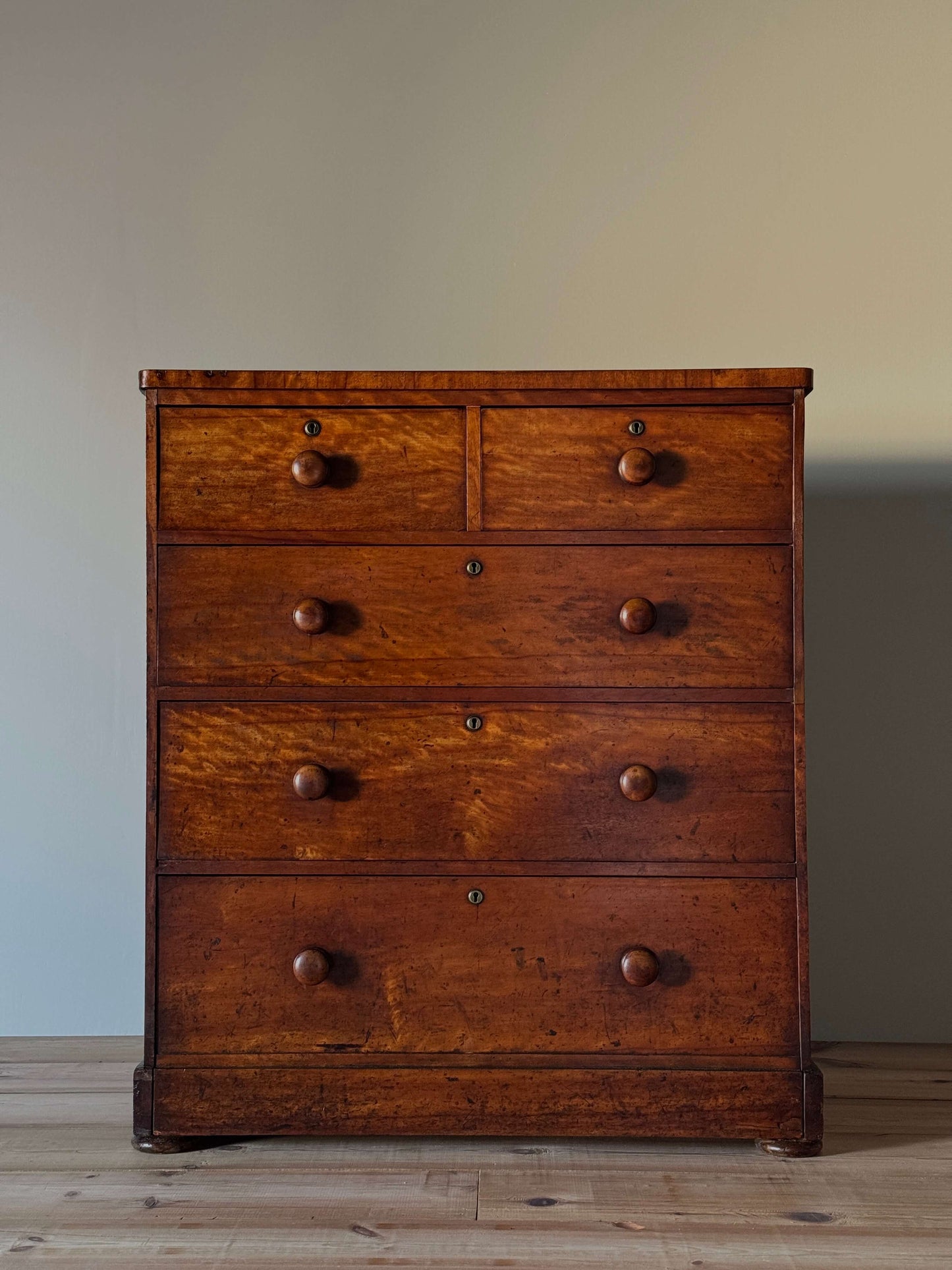 Victorian satin birch chest of drawers on bun feet