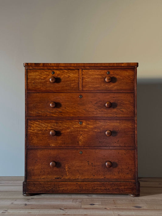 Victorian satin birch chest of drawers on bun feet