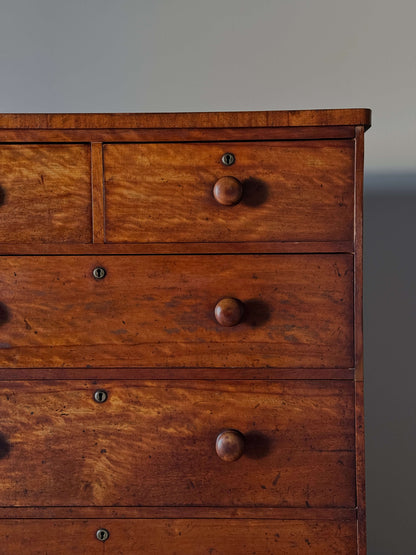 Victorian satin birch chest of drawers on bun feet