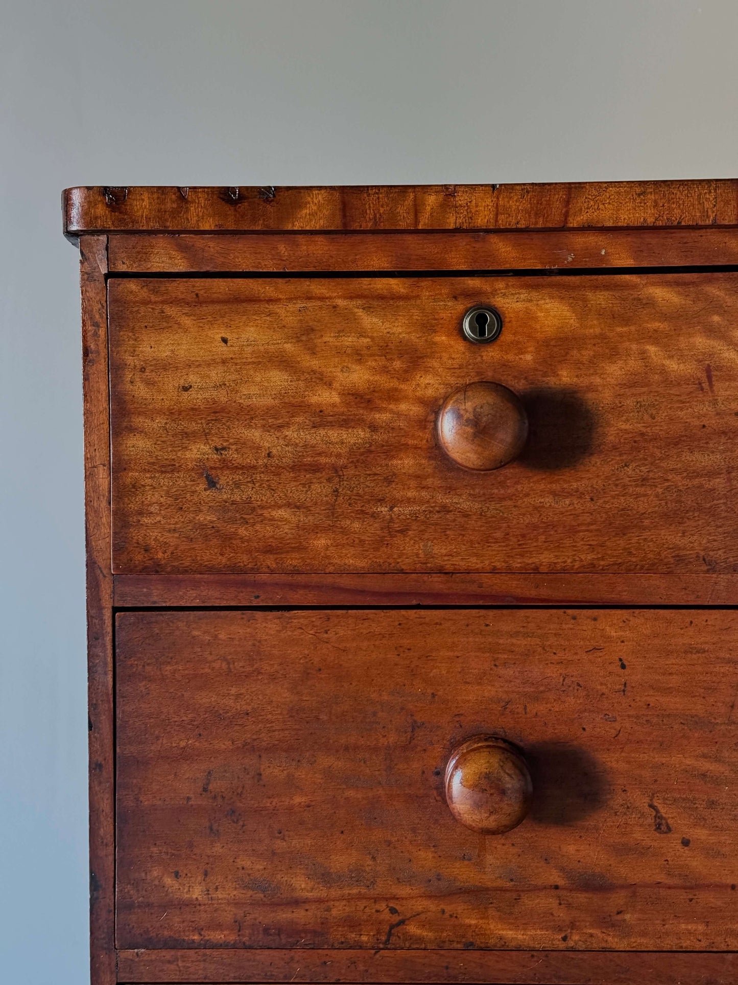 Victorian satin birch chest of drawers on bun feet