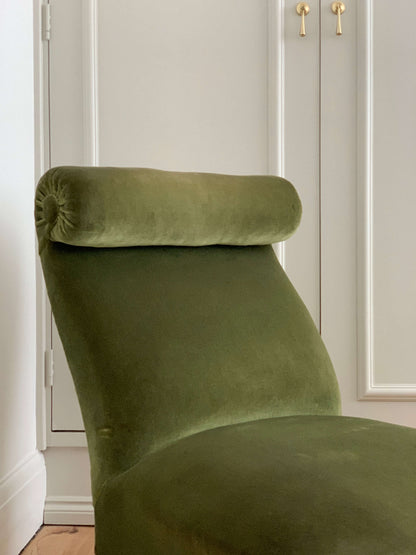 French antique green armchair with scroll top