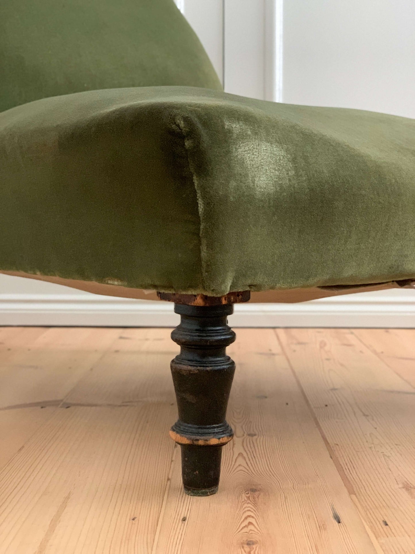 French antique green armchair with scroll top