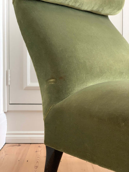 French antique green armchair with scroll top