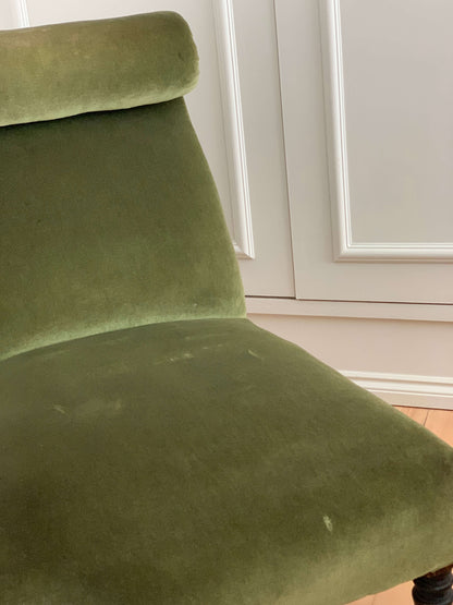 French antique green armchair with scroll top